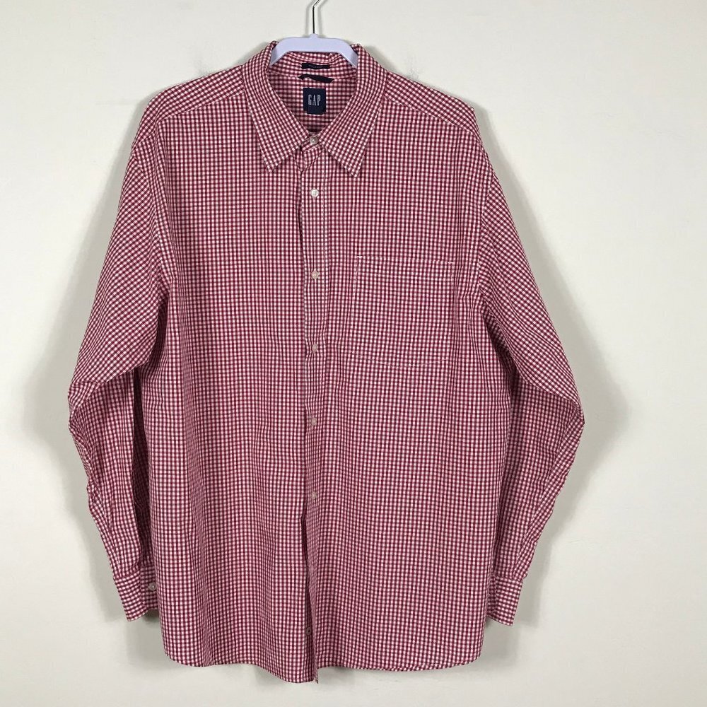 Gap MENS gingham button up shirt red white plaid casual business XL long sleeve